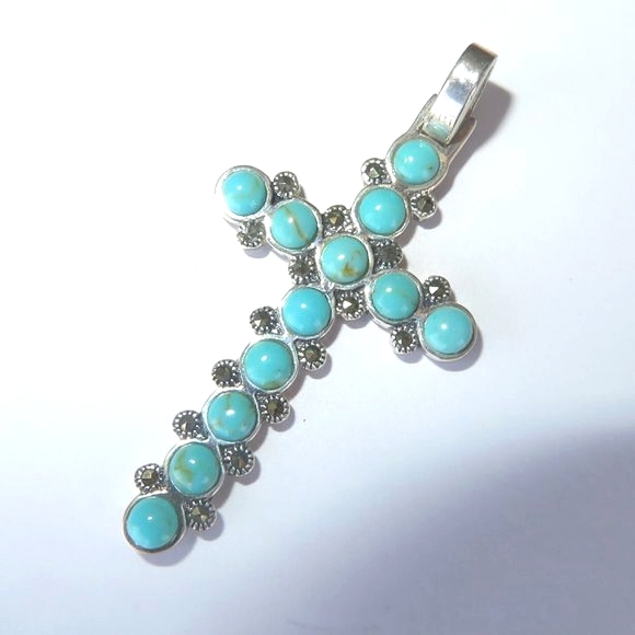Large Sterling Silver Turquoise Marcasite Pendant - Picture 5 of 13